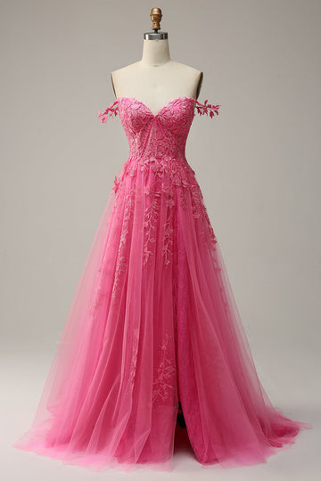 A Line Off the Shoulder Hot Pink Long Ball Dress with Appliques
